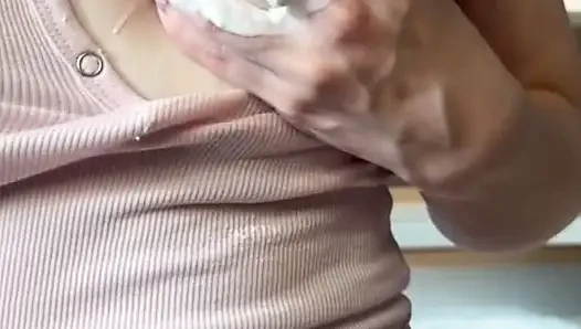 Whipped Cream on my Big Hard Nipple – Mom’s Natural Milky Boob Close-Up