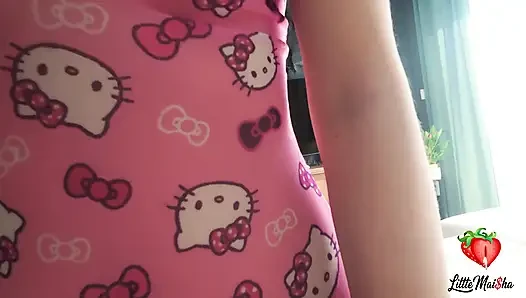 Sexy Brunette in Hello Kitty Outfit Gives Blowjobs and Handjobs.