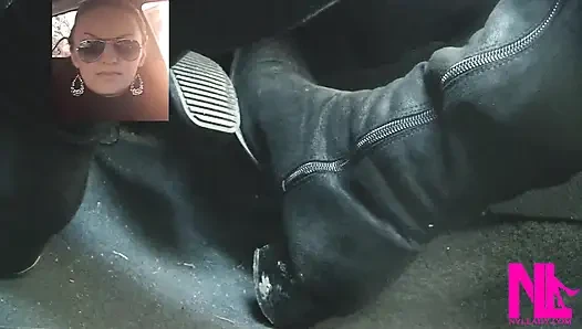Schnell fahren in schwarzen kniehohen stiefeln aus suede