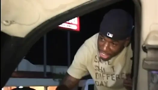Horny cougar sucks a big black dick in the alley