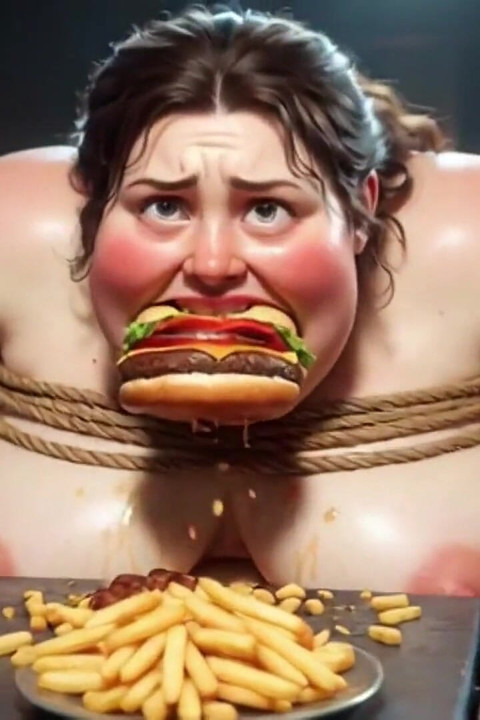Gefesselt, sSBBW isst massive mahlzeit beim knien - bauchfüllung