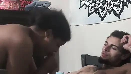 Wife Gives Sloppy Blowjob and Rides Husband Until He Cums