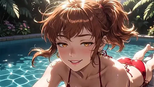 AI Girl Sensually on the Pool - Studio Ghibli Style