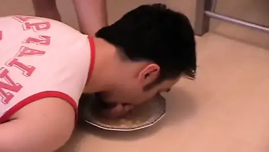 Feeding him with her feet