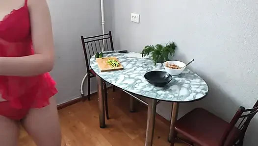 Alt-girl Prepares Spring Rolls in a Thong for Breakfast