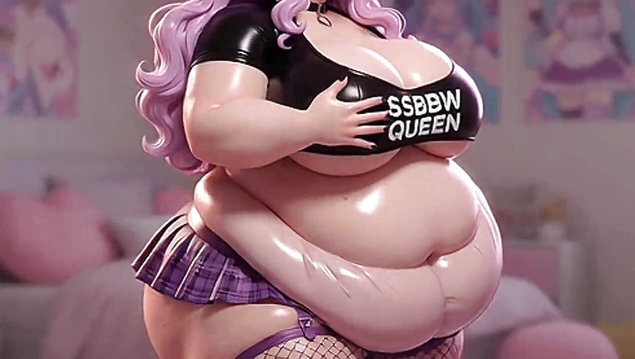 SSBBW lila hår anime flicka pressar massiva bröst Ahegao