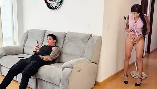 Caught masturbating! Horny MILF massages her pussy while watching her stepson!