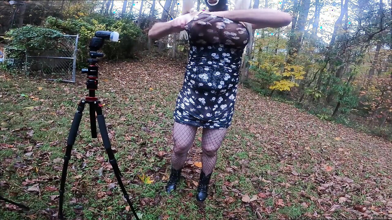 Giant Fake Tits Crossdresser Walk in the Woods Behind the Scenes Photo Shoot