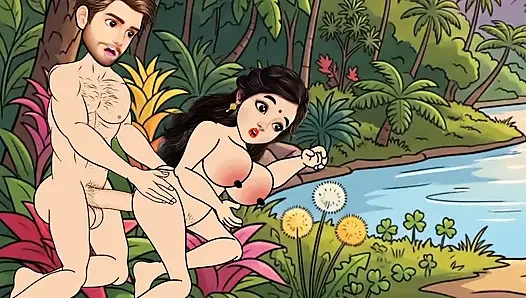 Man fucks woman with big cock in the forest, woman is very happy.