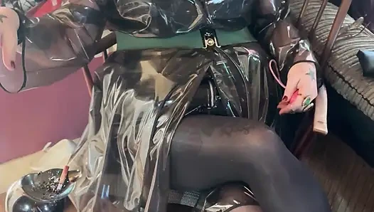 PVC Clad In Her See Through Coat Miss Tina Snua Smokes A Cigarette For You