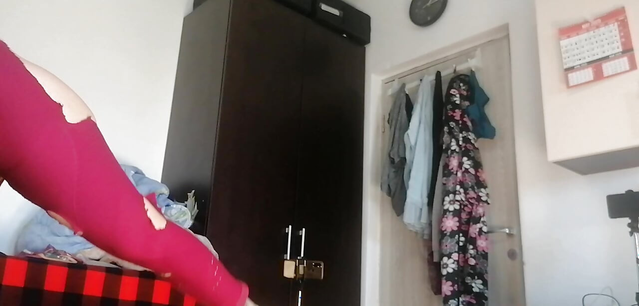 Amateur wife has fun trying on clothes and cutting them. Amateur wife sucking naked in the house