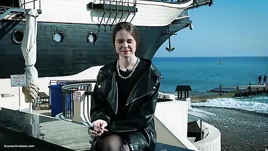 Young Russian Woman Smoking Cigarette Outdoor Terrace