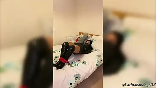 Latina in Leather Boots and Full Leather Outfit Tied Tight and Wrap Gagged (smaller Size)