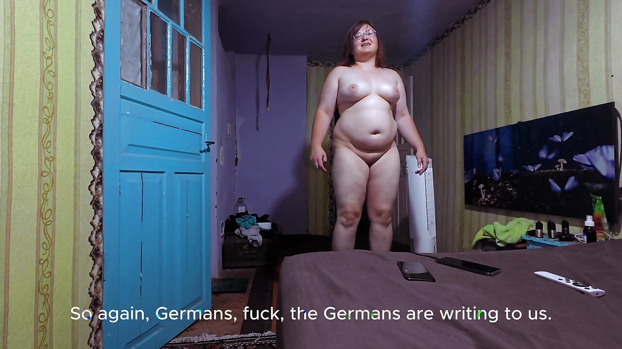 Naked Curvy Brunette on Vibration Platform Reads Comments with English Subtitles
