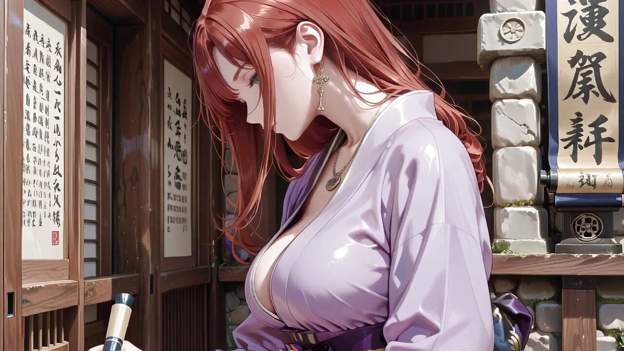 Deusa do quimono ruiva! Ajoelhada sob o portão torii sagrada, ela ajusta sua roupa encharcada sem costas com um olhar tímido.