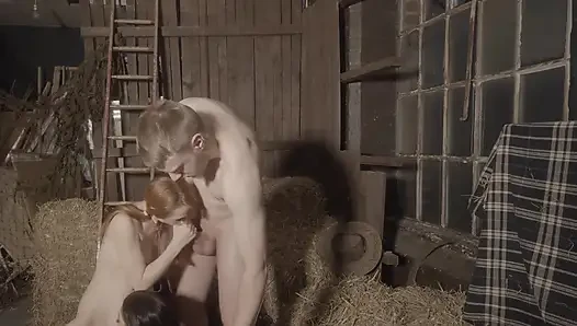 BISEXUAL COWGIRLS FUCKING AND PEGGING COWBOY IN THE STABLE