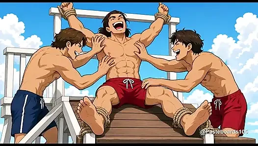 Roped To The Lifeguard Tower Rail - Bare Hands On His Soles And Armpits (2D Anime)