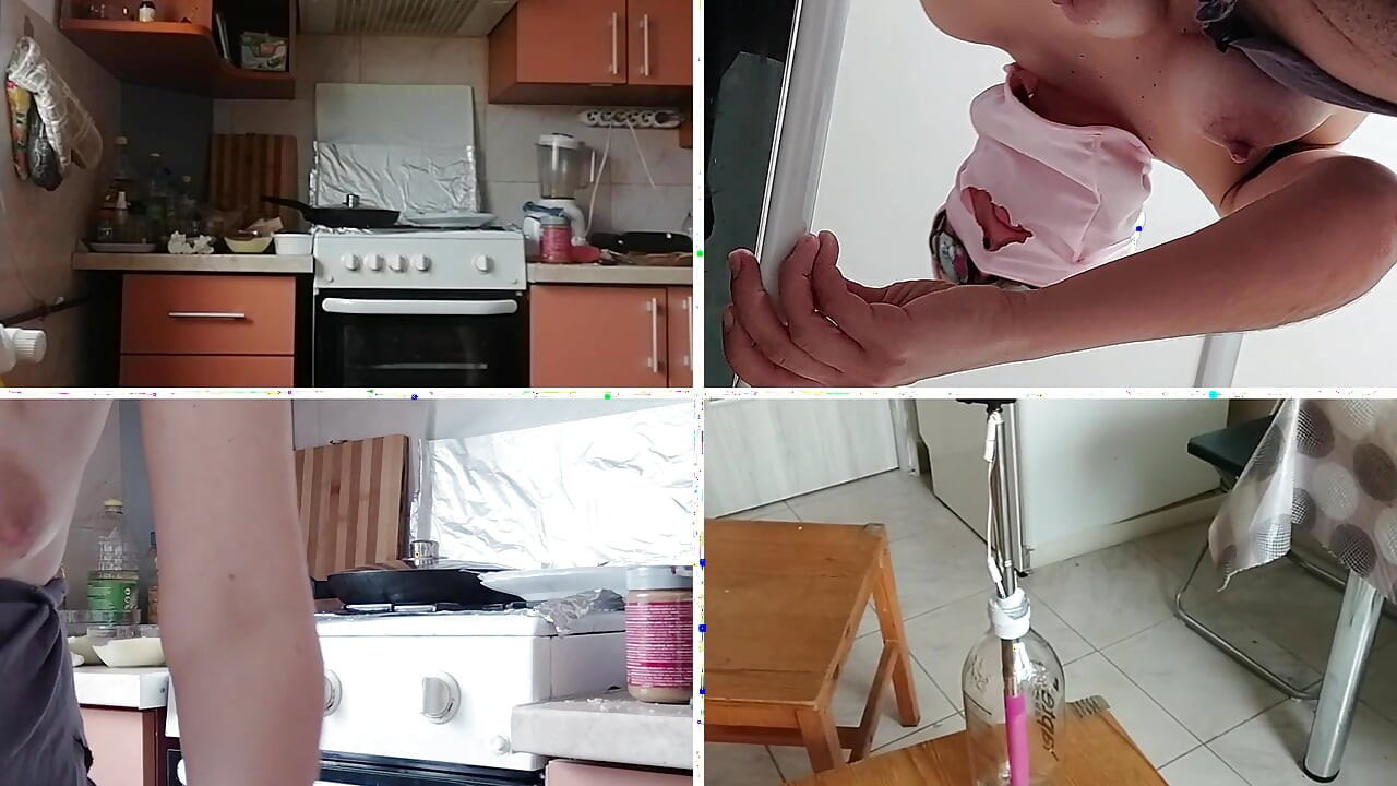 Brunette hairy pussy prepares breakfast naked in the kitchen. Sexy mom cleans the house naked.