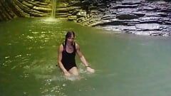 Alexa Cosmic transgirl swimming at waterfall in shirt and t-shirt... 1st waterfall