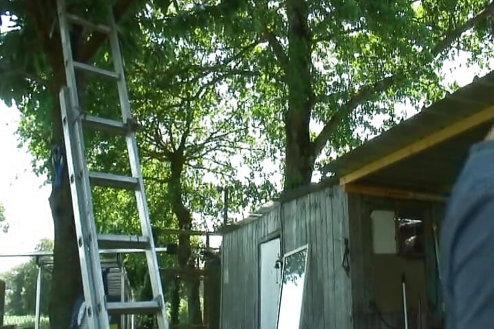 A slim girl from France gets her ass fucked in the backyard