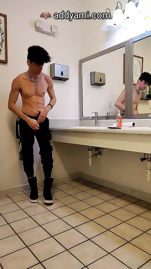 Emo strokes butt naked in school gym bathroom POV