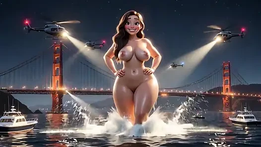 Giantess beauty wades into San Francisco Bay then kneels nude near Golden Gate with helicopters circling (AI generated)