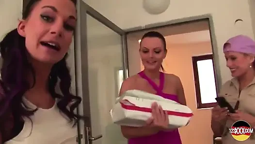 Three Slim German Lesbians Making in Wet in the Living Room