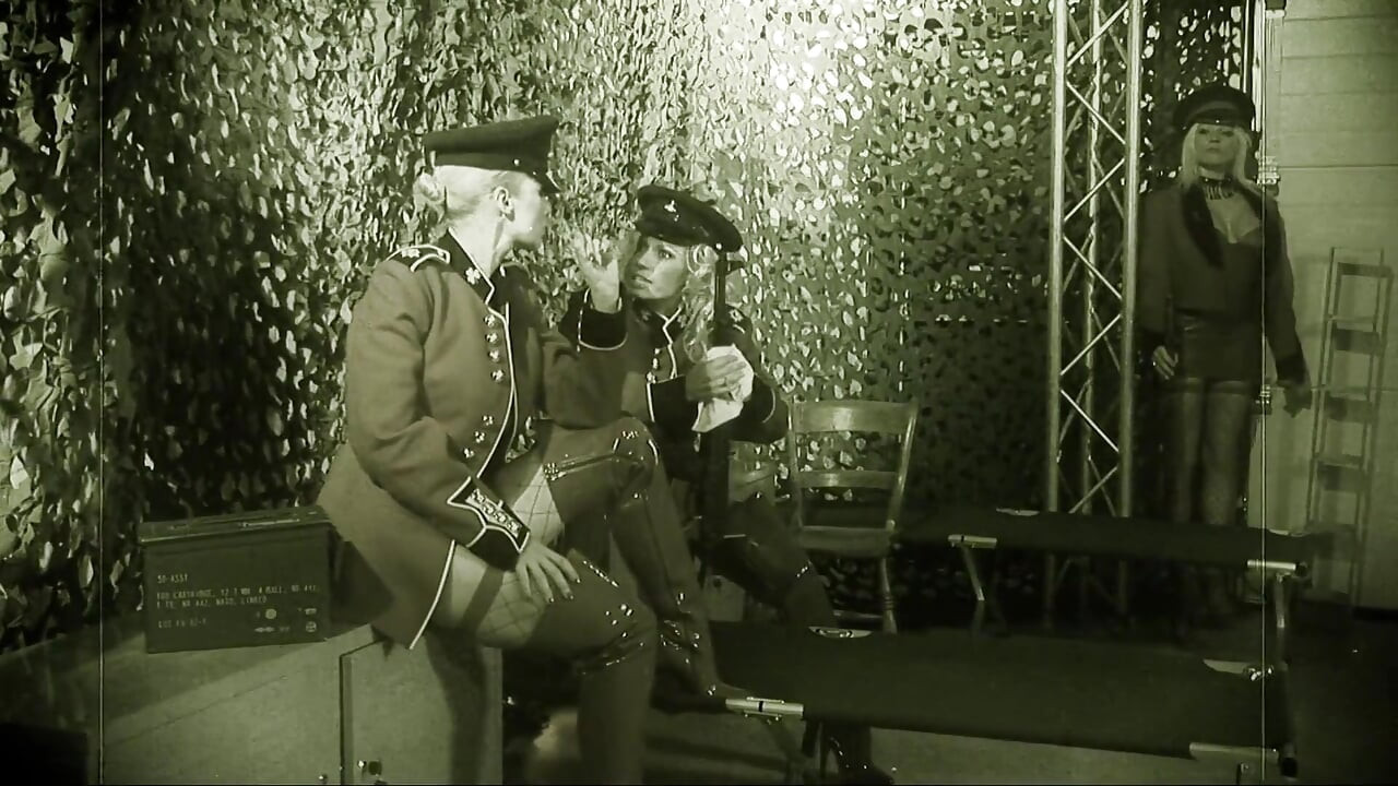 Three horny army babes masturbate when hunk comes along to fuck them