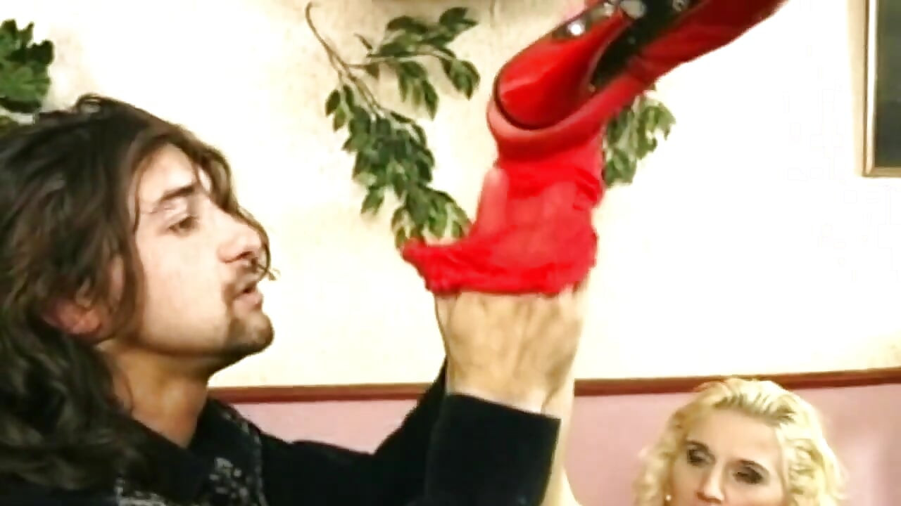 Blonde in Red Lingerie Sucks Red Heel Hard