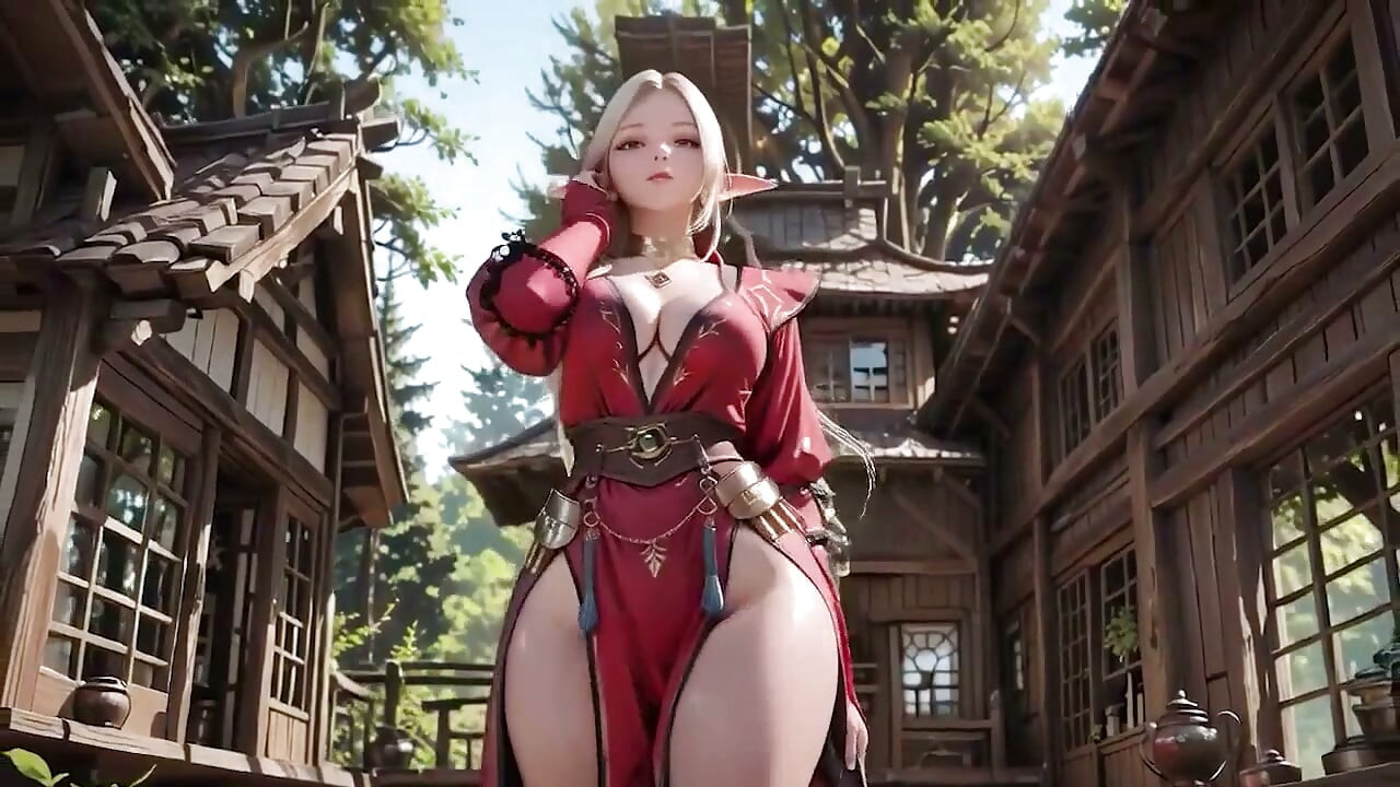 Red Robe Elf Sorceress! Sun-dappled Forest Terrace, Kneeling Gaze That Melts You Instantly