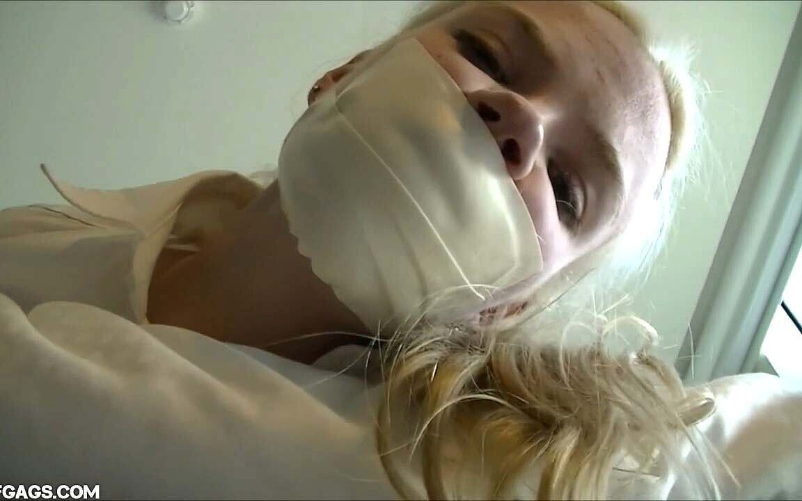 Hogtied Blonde Gagged with Panties, Ballgag and Microfoam Tape!