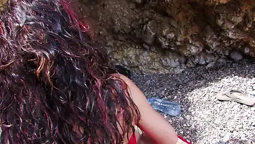 Double penetration threesome at the beach