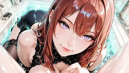 Рыжая аниме Waifu в черном нижнем белье и просвечивающихся чулках - фантазия в ванной