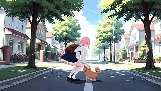 Şehvetli pembe saçlı tatlı kız açık havada yatak odasına doğru yürüyüş yapıyor