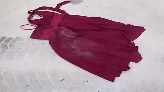 trample & clean shoes on red dress 6