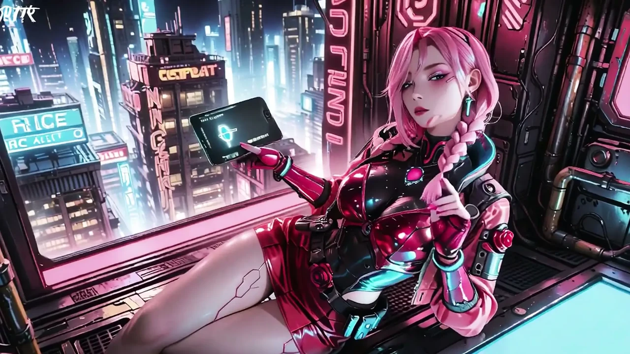 Pink-haired Mech Warrior! Kneeling in Neon Streets, Red Rose & Cold Armor Contrast, Fingertips tracing collarbones.