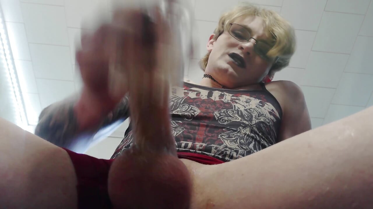 Pov between thighs - strawberry blonde goth femboy long edging session + cum drips down at camera