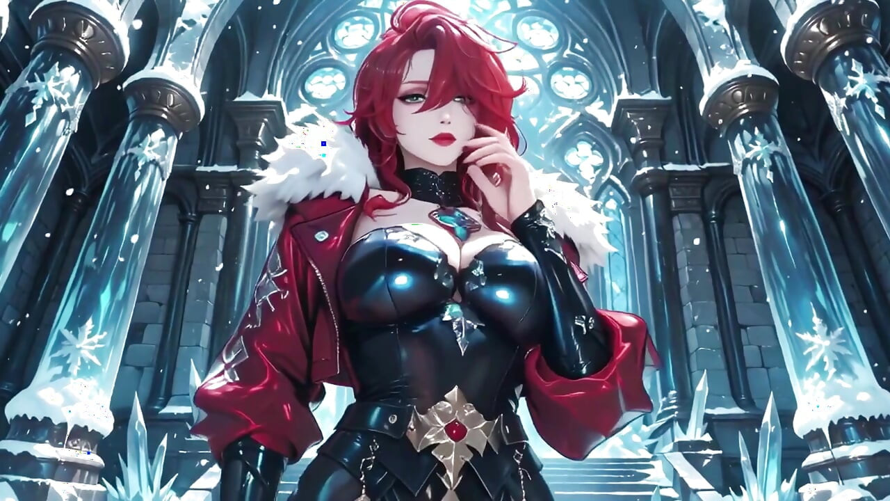Reine de la glace ! Une sorcière aux cheveux roux fait une entrée magnifique dans le Crystal Hall, robe légèrement ouverte et le personnel tapote de façon séduisante