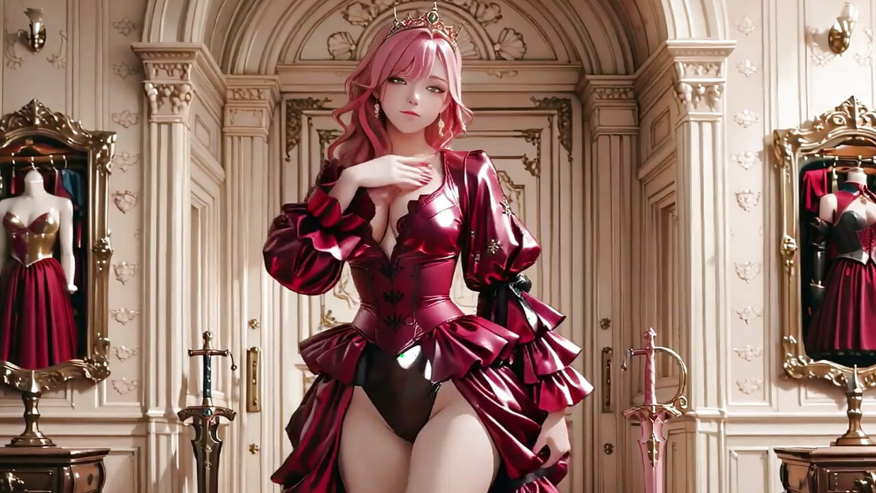 The Pink Queen's Coronation! Deep red silk, golden goblet, and a lazy gaze from the throne. Pure fantasy.