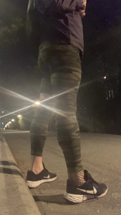 Public sissy showing yoga pants