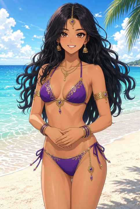 Lilavati Anime Beach Bikini Gentle Stomach Touch and Smile Hot Indian Girl