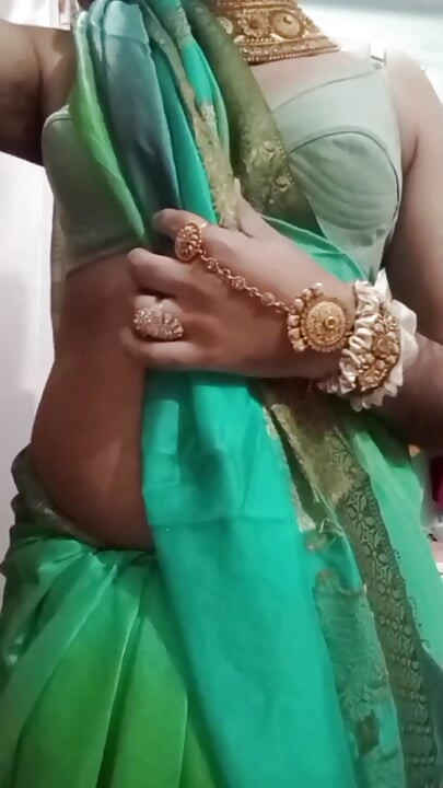 Indian Crossdresser Bottom Gaurisissy Pressing and Playing with Her Big Boobs in Blue Saree Real Homemade Sex