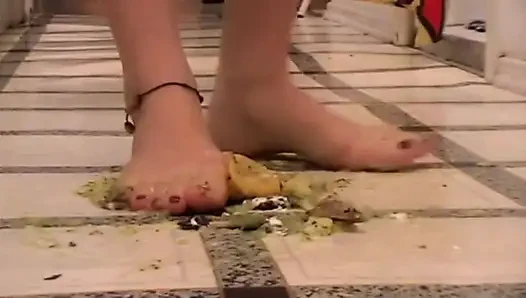 Crushing food with pedicured feet