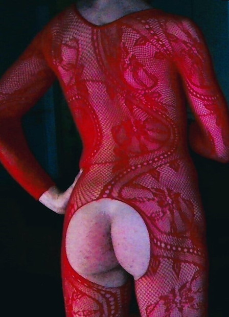 slim straight boy shows off his red bodysuit lingerie