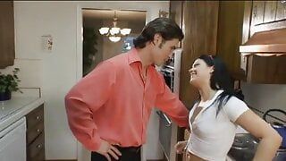 Horny hunk can't resist fucking hot babysitter slut in his kitchen