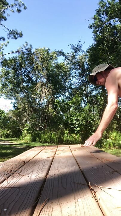 Naked Bench Yoga and Stretching on the Nudist Hiking Trail