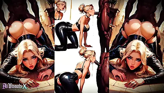 (4K) AI 3D Анимационный - горячая блондинка-шлюшка, межрасовое сосание и трах большого черного члена (AI Visuals X)