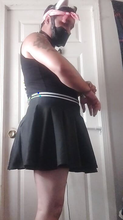 Sissy slave in self bondage with shock collar