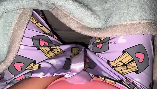 Hot young girl. Under the sheets, she wets her panties with orgasm.