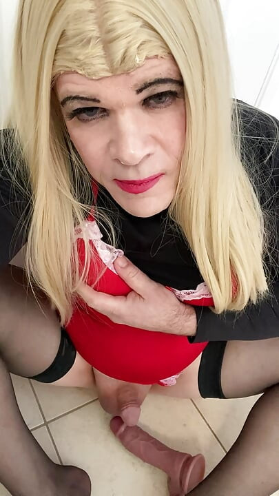Amateur Sissy Crossdresser try's to squirt on dildo  for Daddy and talks about him paying  $8k for her breast  implants